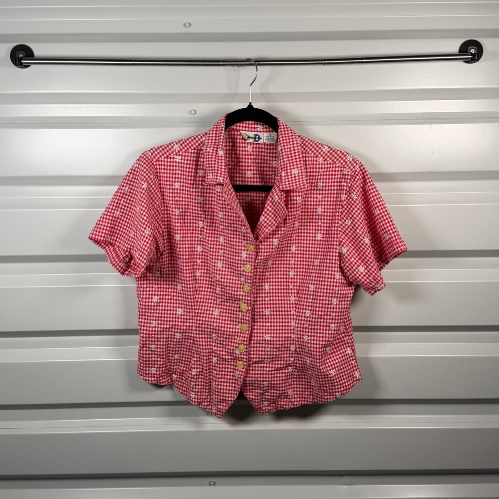 Harris Design Vintage Red Gingham Embroidered Cotton Button Up Shirt Womens M
